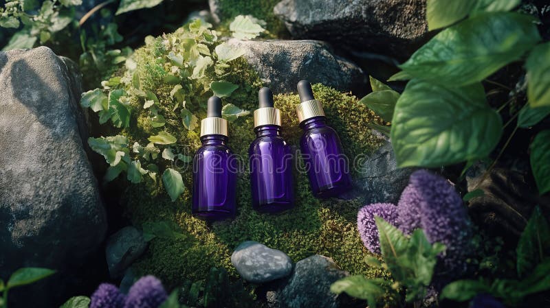Tre bottiglie di siero viola circondate da verde e pietre fotografie stock libere da diritti