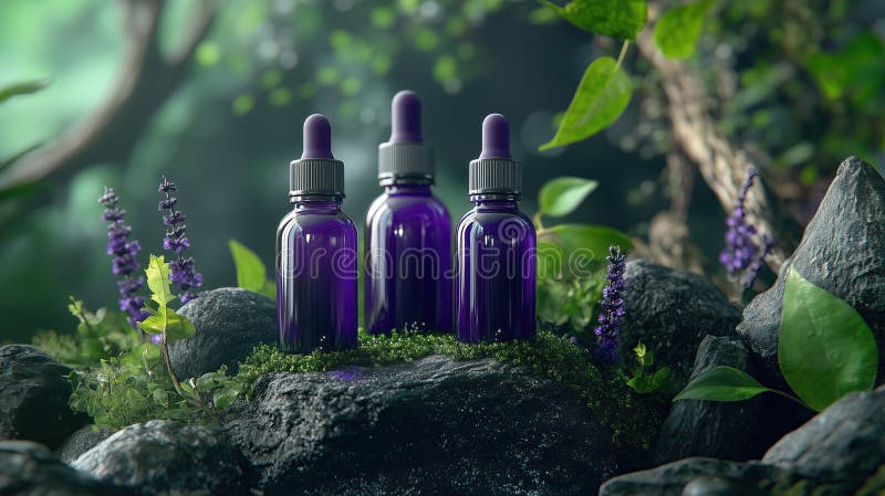 Tre bottiglie di siero viola circondate da verde e pietre fotografie stock