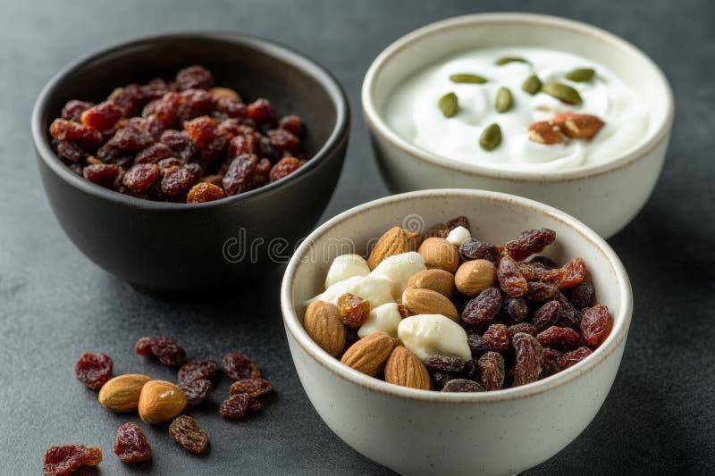Tre ciotole presentano un assortimento colorato di noci di mandorle di uva passa e yogurt ricoperto di semi creando un immagini stock