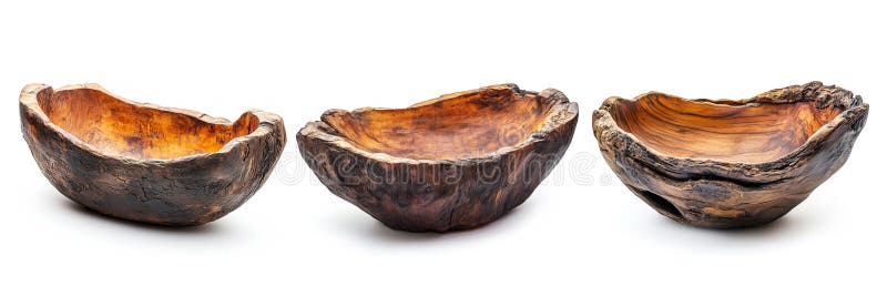Tre ciotole rustiche in legno con texture naturali su fondo bianco. generativo ai illustrazione vettoriale