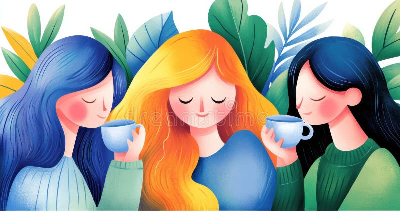 Tre donne bevono insieme caffè in un ambiente tropicale ai immagine stock