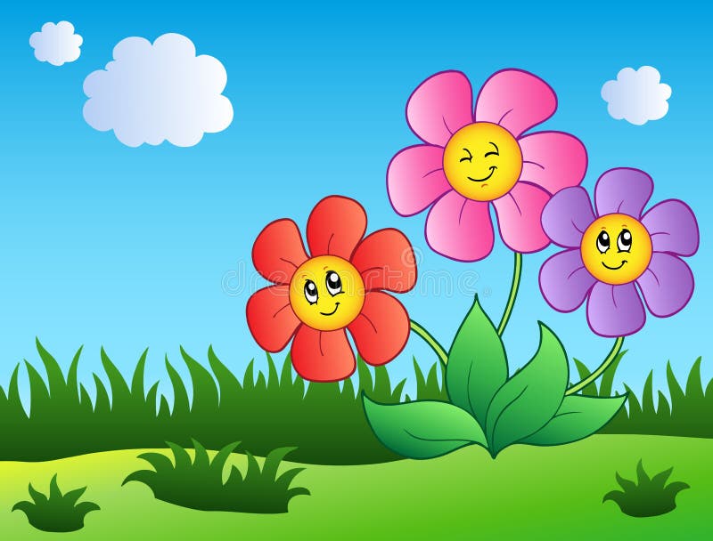 Three cartoon flowers on meadow - illustration. Three cartoon flowers on meadow - illustration.