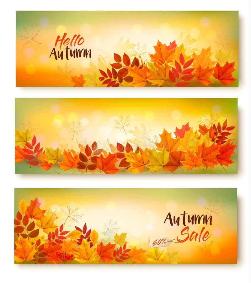Tre foglie di Autumn Sale Banners With Colorful illustrazione vettoriale