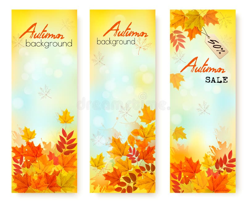 Tre foglie di Autumn Sale Banners With Colorful illustrazione vettoriale