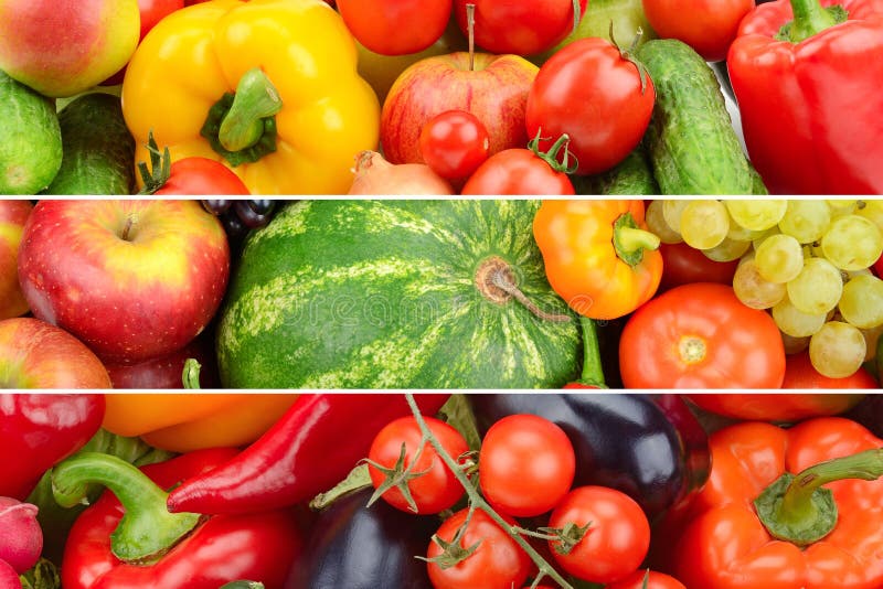 Tre foto panoramiche della frutta e delle verdure in una foto fotografia stock Tre foto panoramiche della frutta e delle verdure in una foto fotografia stock