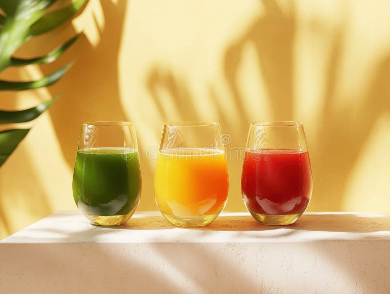 Tre färgade juiceglas på en lätt yta med varm bakgrund stock illustrationer