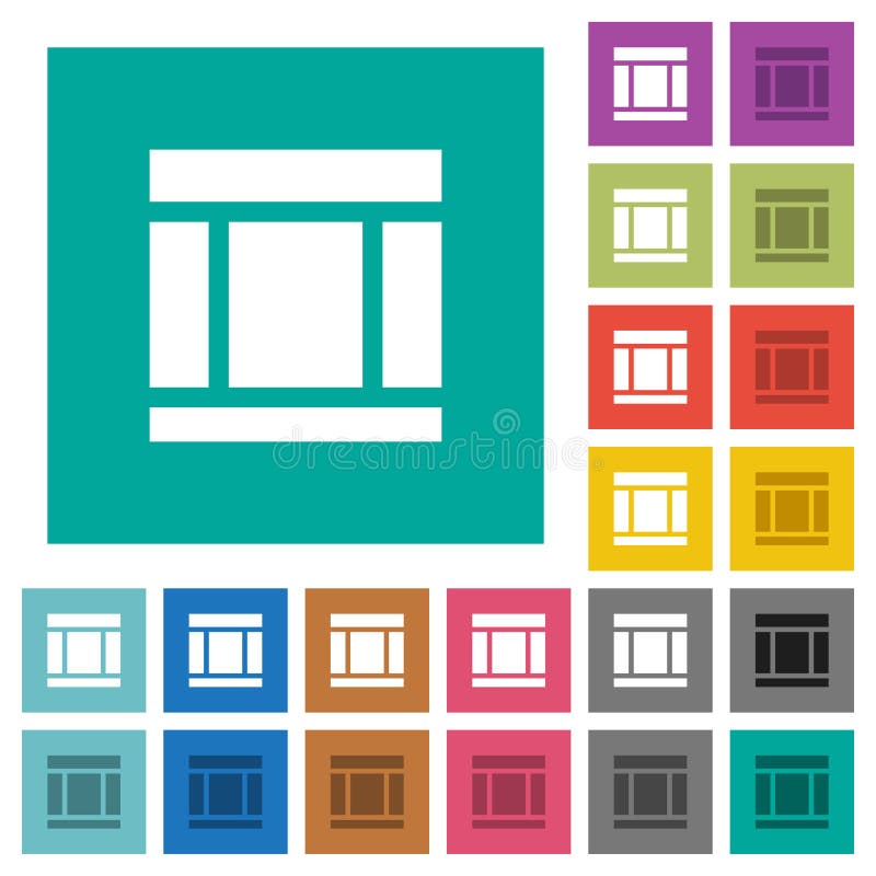 Three columned web layout multi colored flat icons on plain square backgrounds. Included white and darker icon variations for hover or active effects. Three columned web layout multi colored flat icons on plain square backgrounds. Included white and darker icon variations for hover or active effects