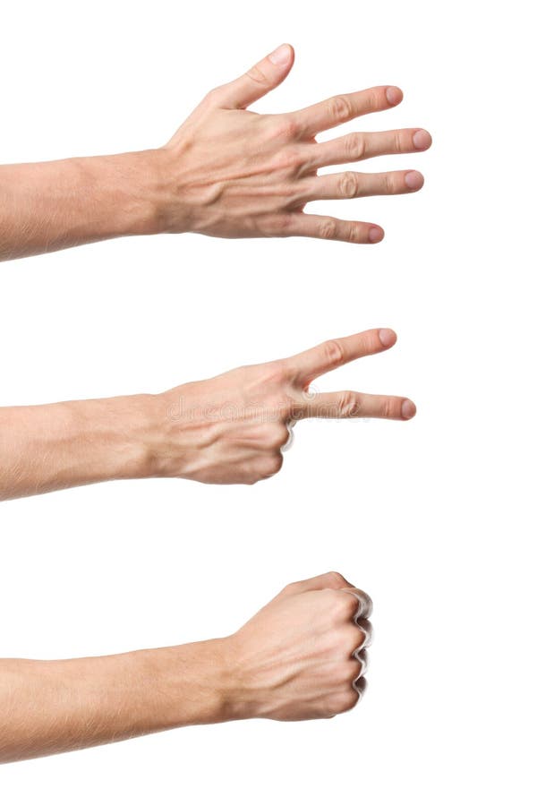 Tre gesti di mano. Gioco di carta di forbici della roccia fotografia stock Tre gesti di mano. Gioco di carta di forbici della roccia fotografia stock