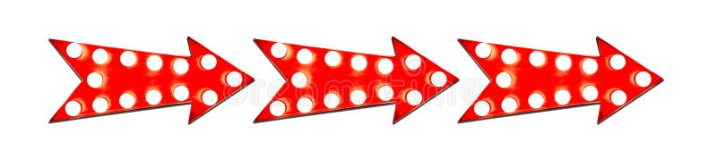 Tre i linjen röd pil formade för skärmriktningen för tappning det färgrika upplysta metalliska tecknet med glödande ljusa kulor