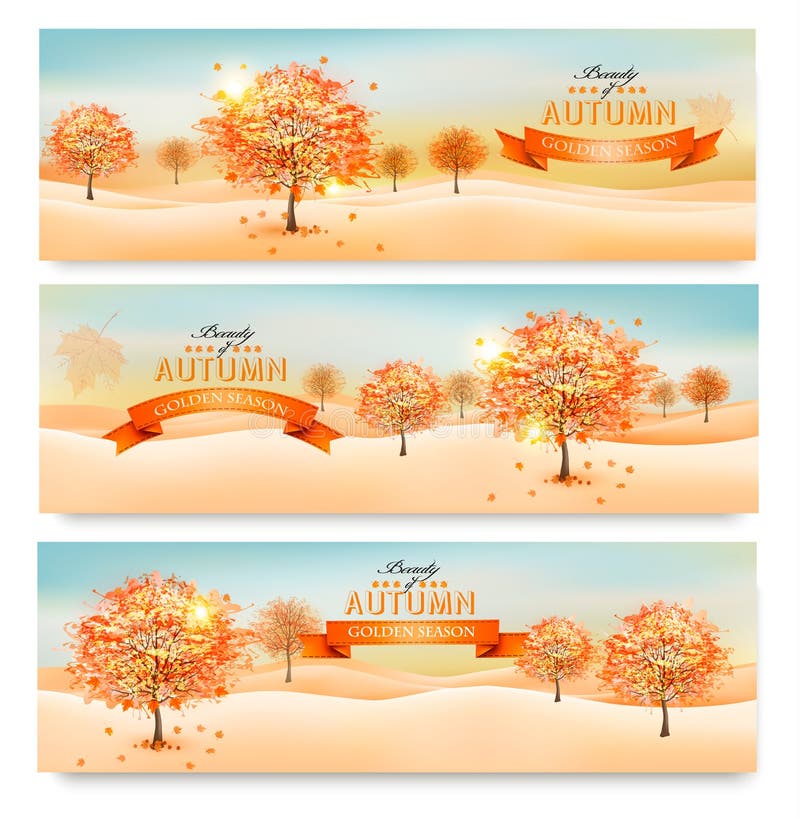 Tre insegne astratte di autunno con le foglie variopinte illustrazione vettoriale