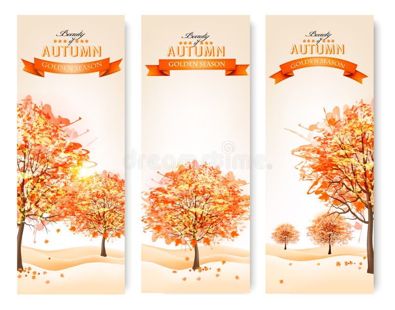 Tre insegne astratte di autunno con le foglie variopinte e gli alberi royalty illustrazione gratis