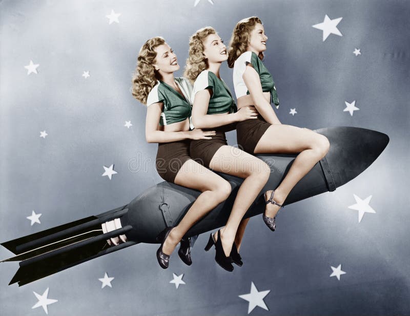 Three women sitting on a rocket (All persons depicted are no longer living and no estate exists. Supplier grants that there will be no model release issues.). Three women sitting on a rocket (All persons depicted are no longer living and no estate exists. Supplier grants that there will be no model release issues.)