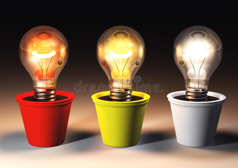 Three lit light bulbs with different light color are growing in colored pots that lie on a dark background. Three lit light bulbs with different light color are growing in colored pots that lie on a dark background