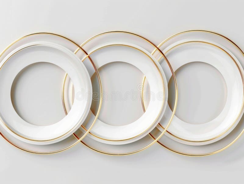 Tre lastre d'oro e bianche disposte in fila. I piatti sono circolari e hanno un cerchio d'oro. Concetto di eleganza e sofisticazione generata dall'IA dorata