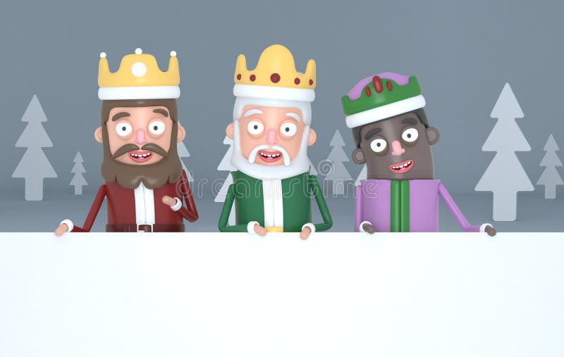 Tre magiska konungar rymma stora vita plakat i en grå skog illustration 3d vektor illustrationer Tre magiska konungar rymma stora vita plakat i en grå skog illustration 3d vektor illustrationer