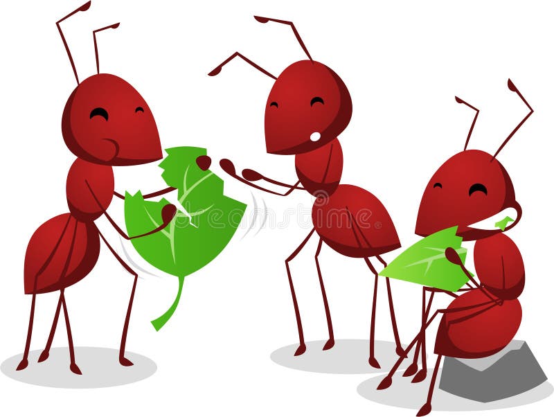 Tre myror som äter gröna blad