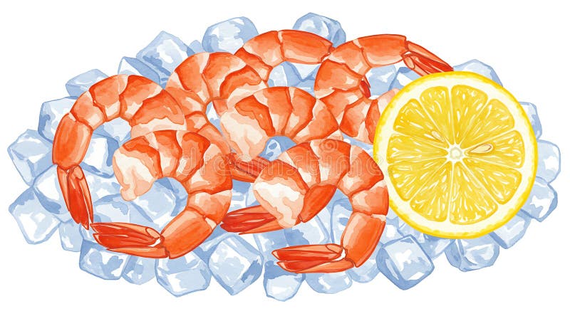 Tre orangefärgade och vita räkor på blå iskuber bredvid en halv citron royaltyfri illustrationer
