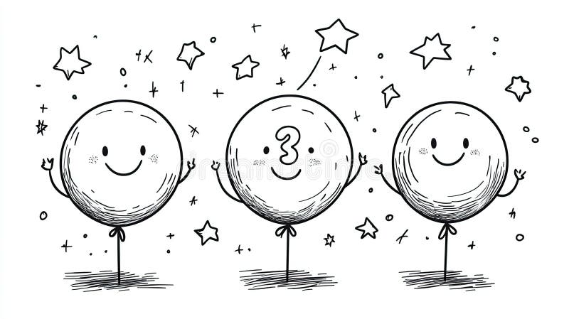 Tre palloncini felici ognuno con un numero tre che festeggia a braccia aperte. Sfondo stellare illustrazione vettoriale