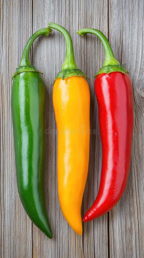 Tre peperoni vivaci di peperoncino di colore verde giallo e rosso sono disposti in stretta collaborazione su uno sfondo rustico di royalty illustrazione gratis
