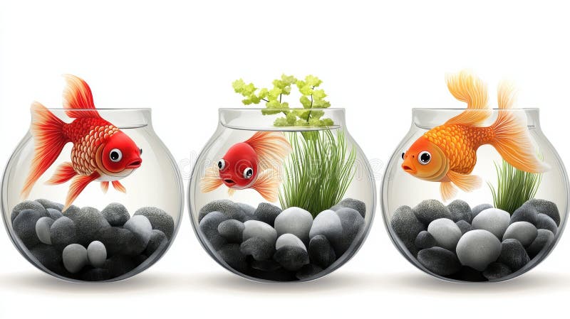 Tre pesci in tre diverse ciotole con rocce e acqua generata