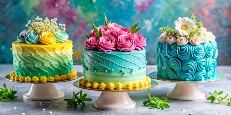 Tre piccoli torte decorate con gelati di pasta e fiori di zucchero. Generative AI illustrazione vettoriale