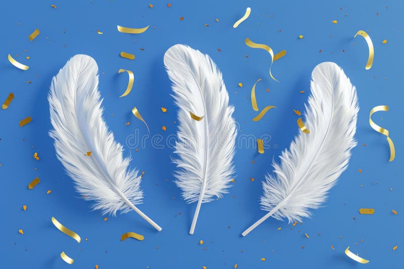 Tre piume bianche sparse su sfondo blu con coriandoli d'oro illustrazione di stock