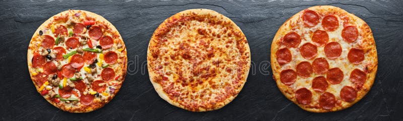 Tre pizze diverse in composizione panoramica