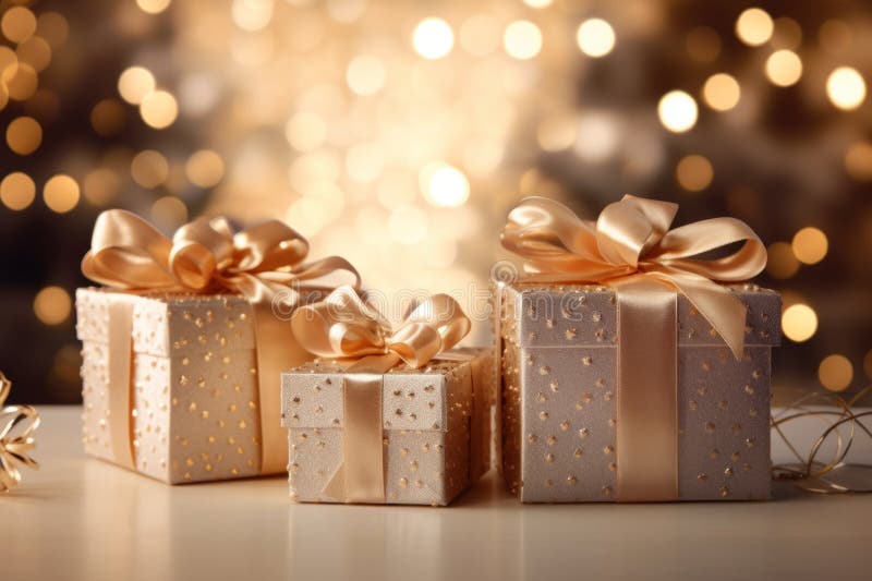 Tre presentboxar med guldband på ett bord med ett julträd i bakgrunden royaltyfri illustrationer