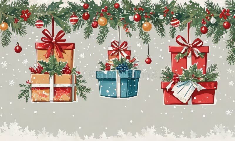 Tre presentboxar med röda knärör och jultomtprydnadsföremål är upphängda från den festliga trädgården med snöflingor. stock illustrationer