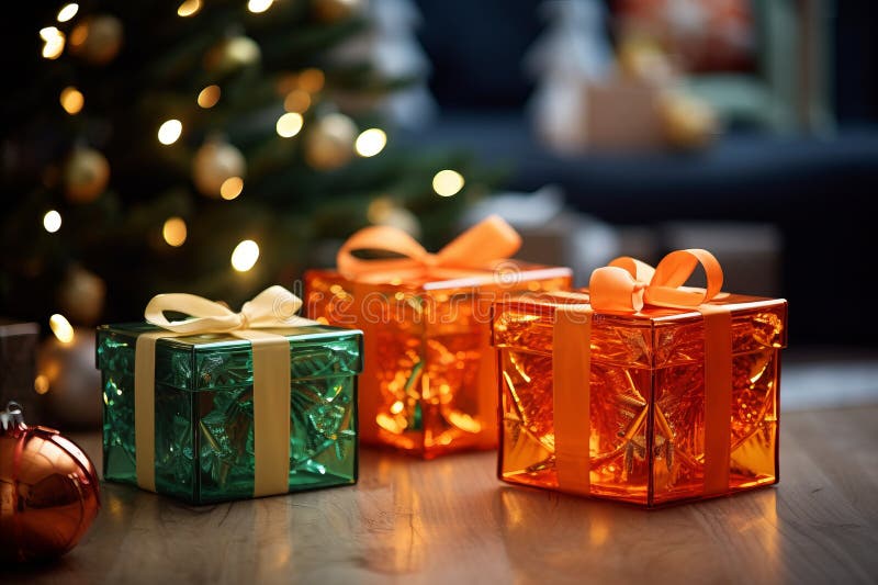 Tre presentboxar som sitter på ett bord nära ett julträd stock illustrationer