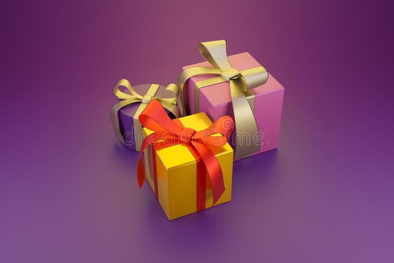 Tre presentfält med menyfliksområde på lila bakgrund 3d-rendering vektor illustrationer