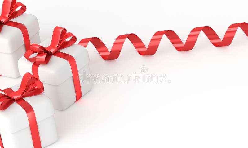 Tre presentkartonger inslagna i rött band och en båge över den översta 3d-renderingen vektor illustrationer
