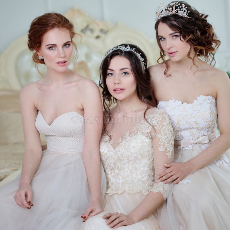 Tre ragazze in vestiti da sposa Belle ragazze delicate nel salone nuziale immagine stock Tre ragazze in vestiti da sposa Belle ragazze delicate nel salone nuziale immagine stock
