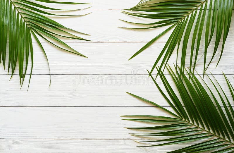 Tre rami della palma su un fondo di legno bianco