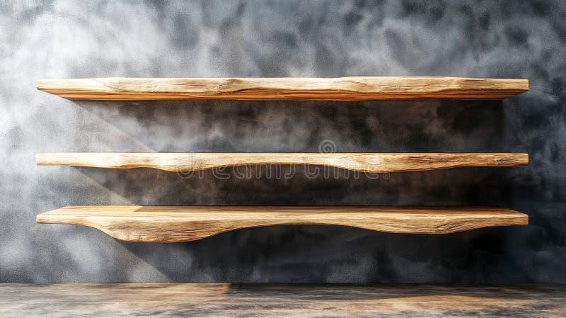 Tre scaffali di legno su pareti testurizzate creano estetica naturale. generativo ai illustrazione di stock