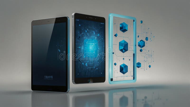 Tre smartphone moderni con interfaccia utente futuristica illustrazione vettoriale