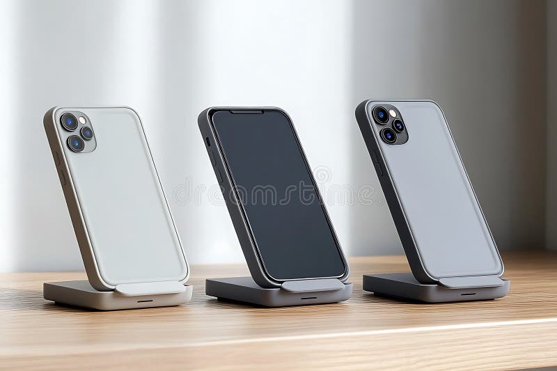 Tre smartphone moderni visualizzati su supporti di ricarica wireless in background normale illustrazione di stock