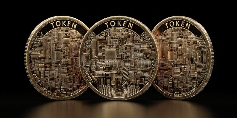 Tre token di crittografia in oro con schema di circuito concetto di valuta digitale futuristico e drammatico illustrazione di stock