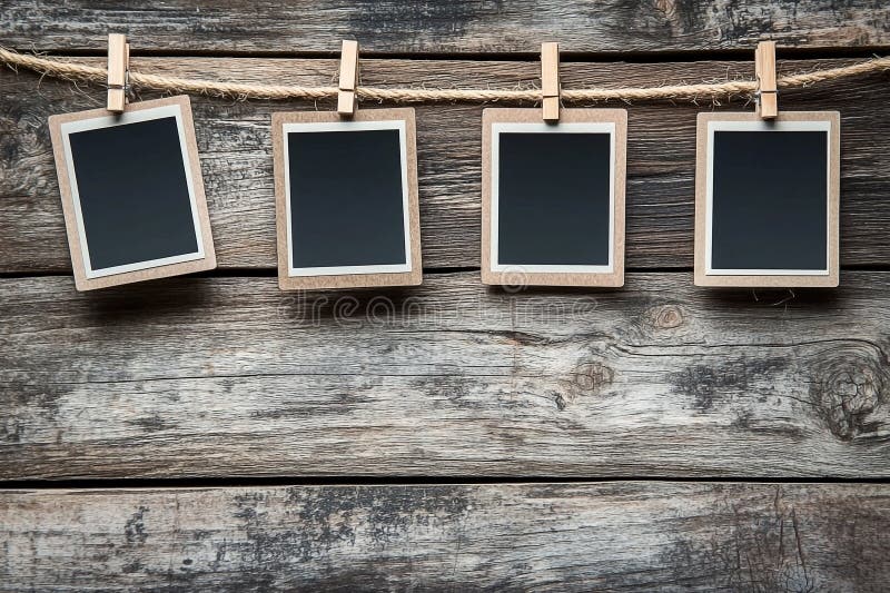 Tre tomma polaroidramar hänger på den rustiska bakgrunden av trä som är redo för minnen. Tre tomma polaroida bildramar hänger från en sträng med tygespin mot bakgrund av ett vävt trä. De tomma bildrutorna ger utrymme för foton eller text som är perfekt för minnen eller designmallar