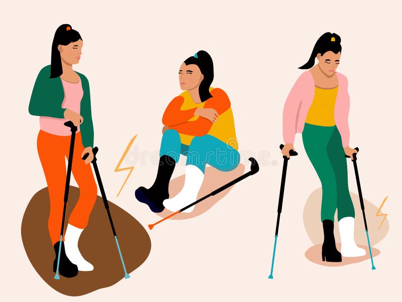 Tre unga kvinnor med brutet ben Flickor med ortopedisk giva som går med kyrkor Ankle benfraktur eller sprejning med gypsu royaltyfri illustrationer