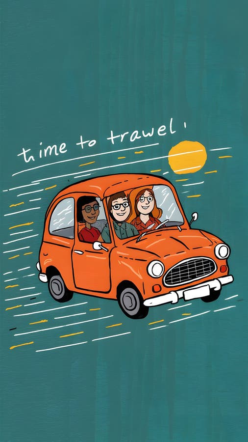 Tre vänner i veteranbilen med rörelseledningar, teoritid för resor royaltyfri illustrationer