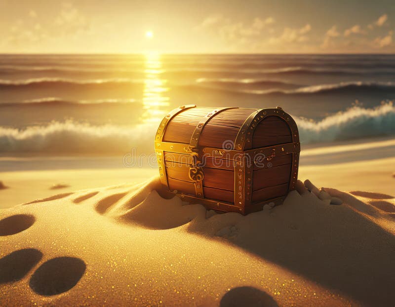 A Treasure Chest Buried in the Sand Stock Illustration Illustration