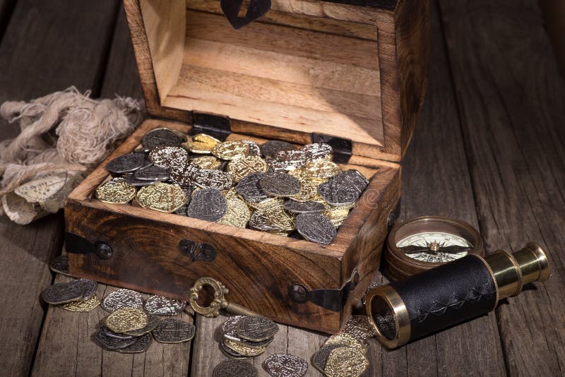 Treasure Chest with Coins stock photo. Image of rustic 92776274