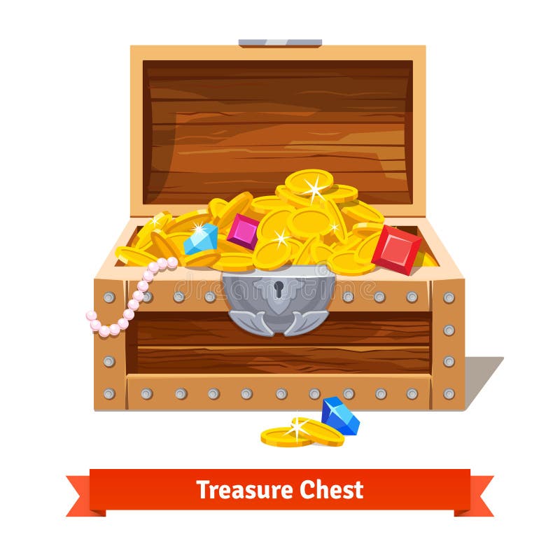 Treasure chest full of gold coins, crystal gems vector illustration Treasure chest full of gold coins, crystal gems vector illustration