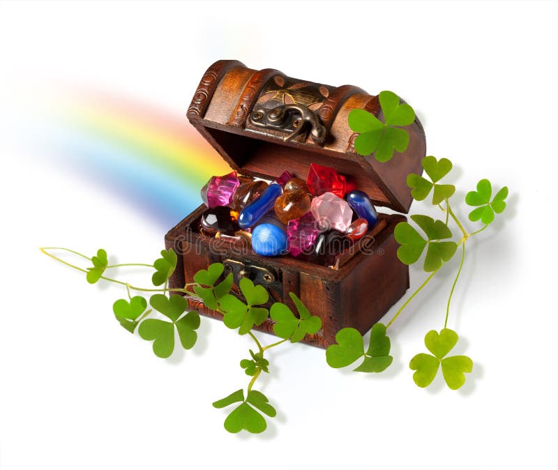 Open treasure chest with jewelry, shamrock branches and rainbow. Open treasure chest with jewelry, shamrock branches and rainbow