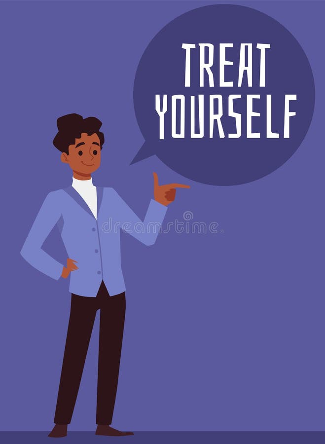 Treat yourself card with confident handsome man, flat vector illustration.