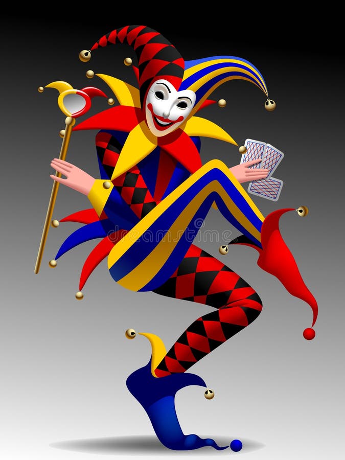 Tredimensionell grimacing och le joker med att spela kort vektor illustrationer Tredimensionell grimacing och le joker med att spela kort vektor illustrationer