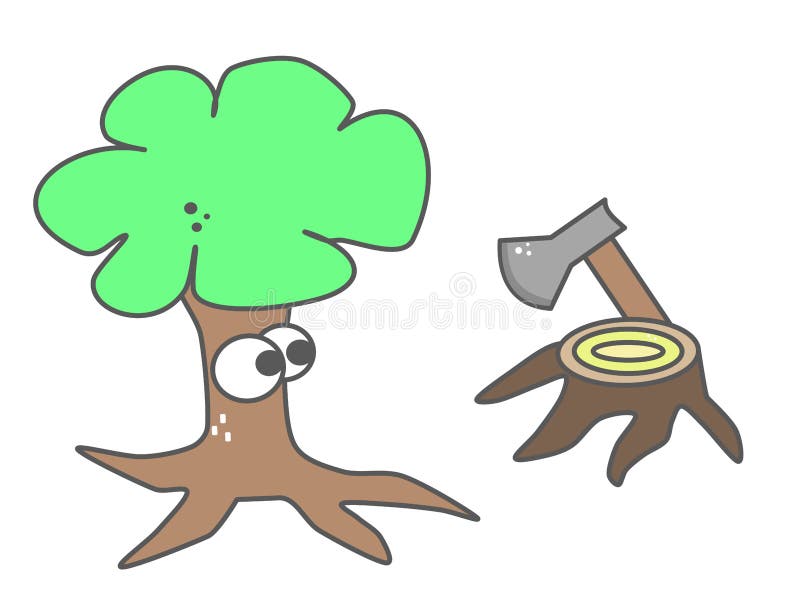 Tree with axe comic cartoon vector illustration