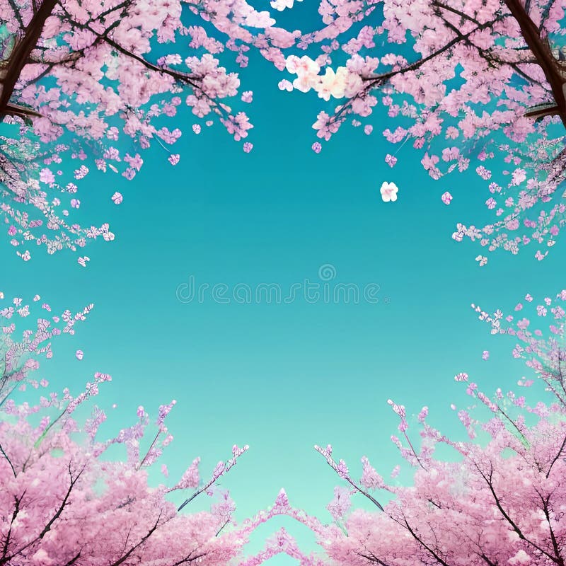 Tree blossom branches on blue background with copy space, Generative AI, top view stock illustration