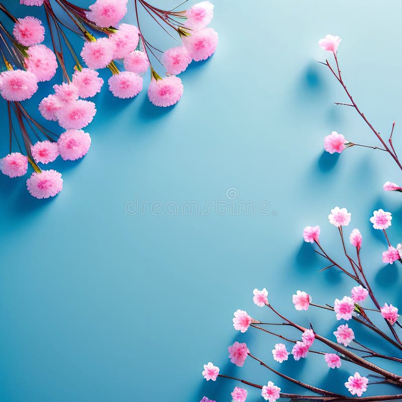 Tree blossom branches on blue background with copy space, Generative AI, top view vector illustration